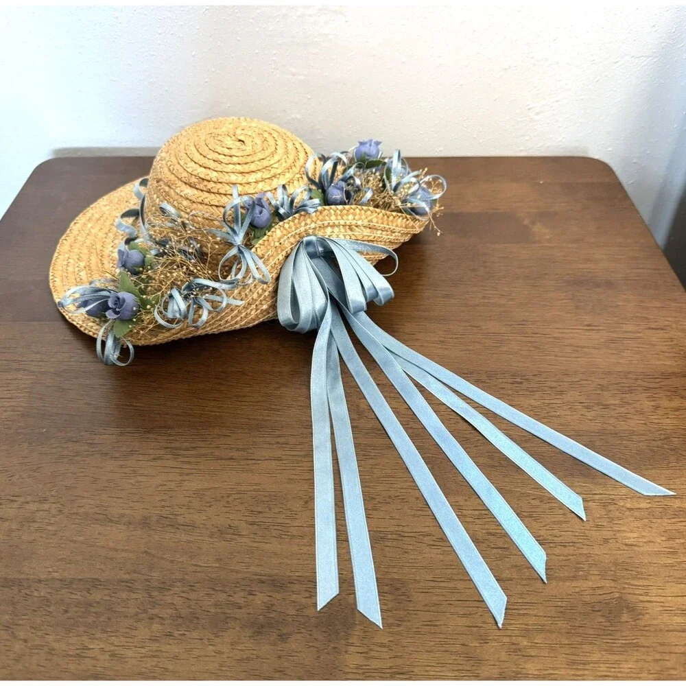 Straw Hat with Blue Flowers, Ribbons Grannycore Cottagecore Wall Decor Blue